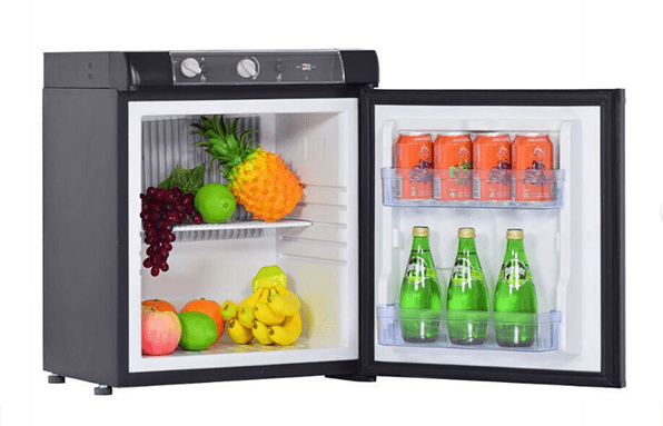 RV absorption refrigerator filled with fruits and drinks